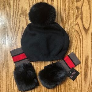 Haute Shore  Black knit hat with faux fur pom-Pom and fingerless gloves set.